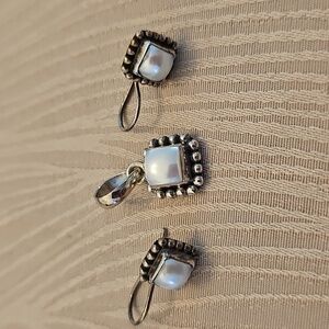 Silpada SS Button Frame Pearl Drop Pendant & Wire Earrings